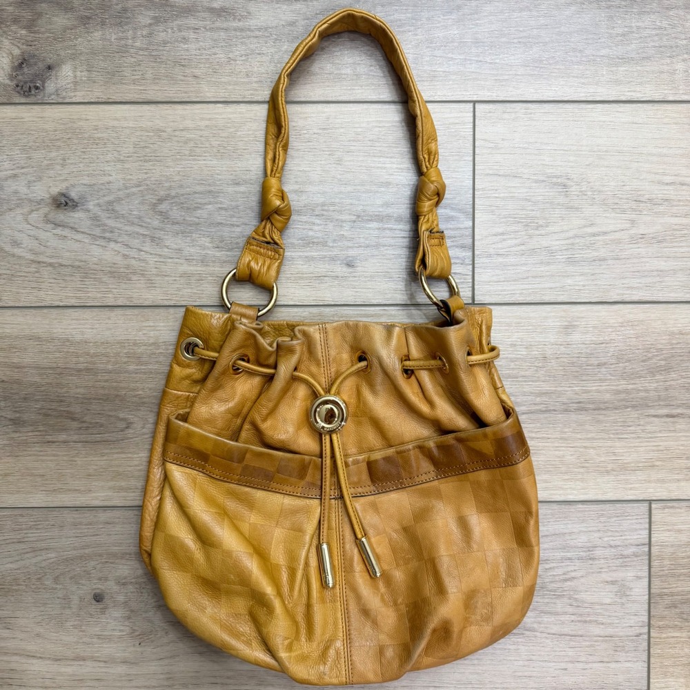 B. Makowsky Mustard Yellow Leather Bucket Bag Checkered Embossed Hobo Purse